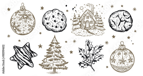 Christmas cookie, ball, tree, house, set, Hand drawn illustration