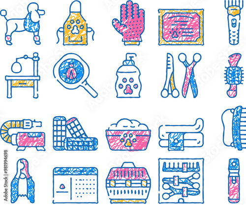 groomer pet service doodle icons set vector. sketch line art cage for transportation animal and table for examination, groomer glove and hair clipper color illustrations