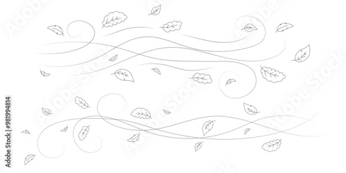 Doodle autumn leaves flying in the wind. Falling season outline backdrop, air flow leaves wave linear pattern or wind blowing doodle vector print. Autumn windy weather hand drawn monochrome background