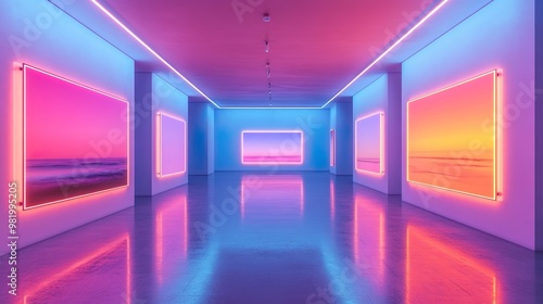 Futuristic hallway design featuring glowing neon lights and sleek minimalist elements enhanced by vivid color details.