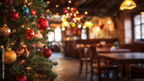 Christmas Tree with Colorful Ornaments in Vintage Cafe Interior, Blurred Background