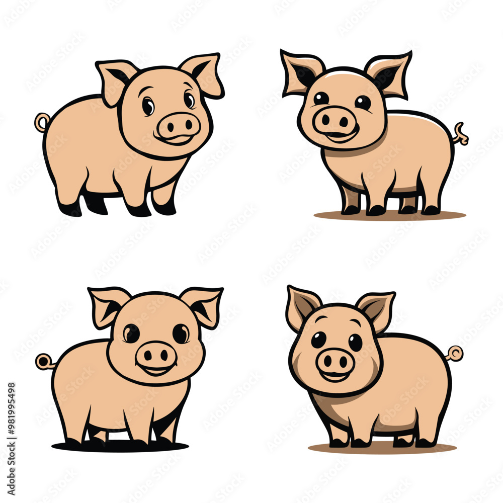 Black and white vector silhouettes set of cute pig Black and white vector silhouettes set of cute pig