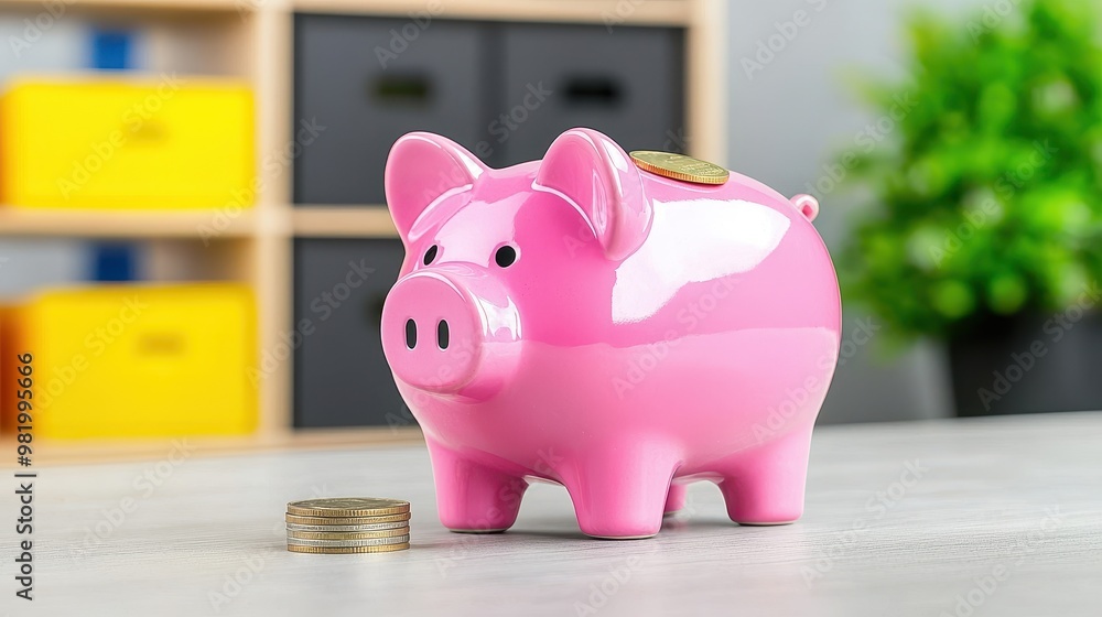 Bright Pink Piggy Bank with Coins and Background Storage Bright Pink Piggy Bank with Coins and Background Storage