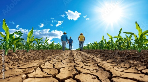 Farmers walking through a sunlit cornfield with cracked soil, showcasing agricultural challenges and sustainable practices.