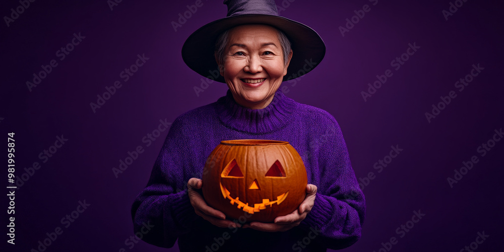 Fototapeta premium Joyful Non-Binary Senior Holding Cauldron in Halloween Setting 