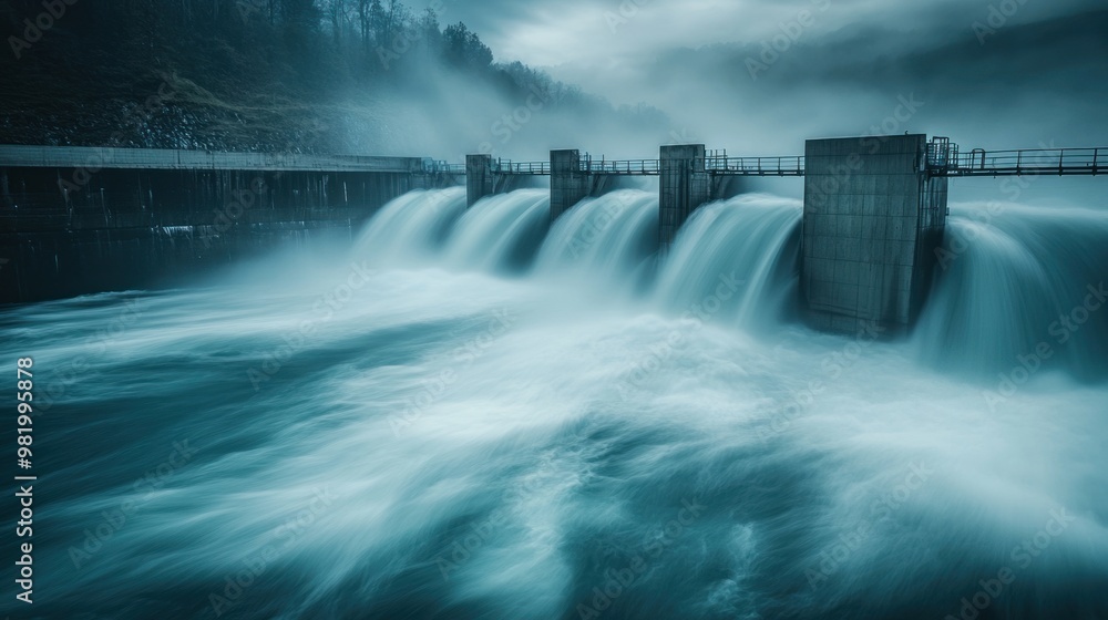 A stunning long exposure photograph of water surging through the sluice gate of a hydroelectric dam, symbolizing the controlled release of energy in a renewable system. A stunning long exposure photograph of water surging through the sluice gate of a hydroelectric dam, symbolizing the controlled release of energy in a renewable system.