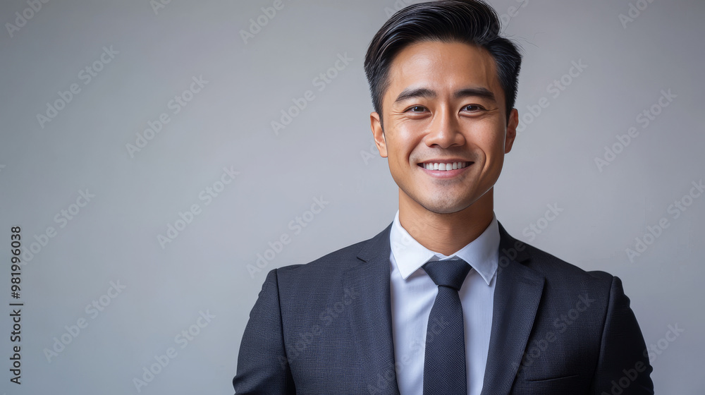 A smiling Asian businessman poses in a studio, showcasing a stylish portrait ideal for corporate branding or CEO fashion. His expression radiates confidence and pride, set against a clean. A smiling Asian businessman poses in a studio, showcasing a stylish portrait ideal for corporate branding or CEO fashion. His expression radiates confidence and pride, set against a clean.