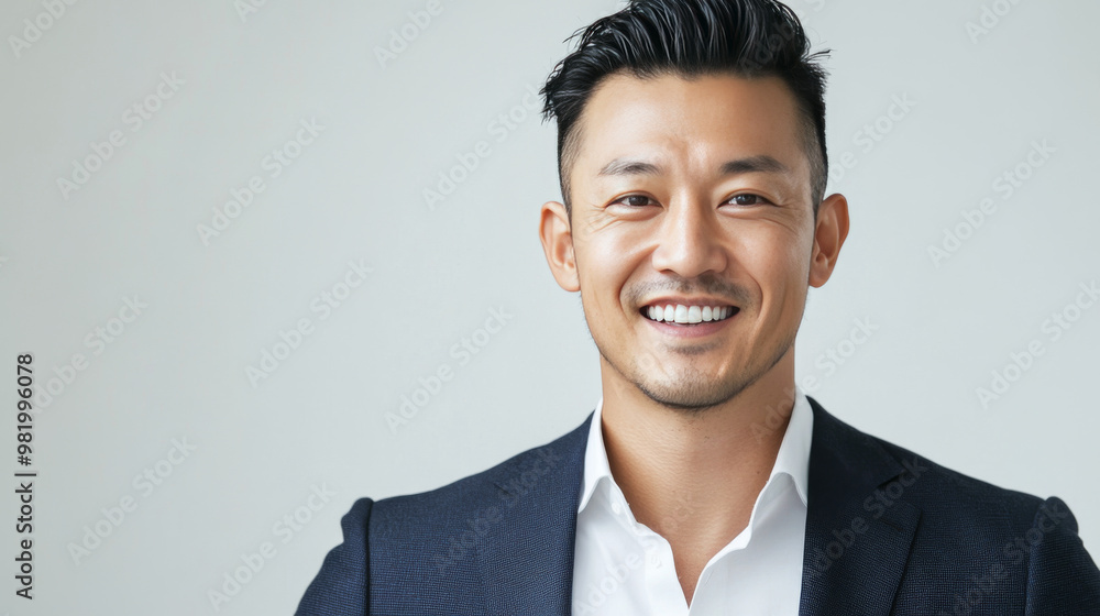 A smiling Asian businessman poses in a studio, showcasing a stylish portrait ideal for corporate branding or CEO fashion. His expression radiates confidence and pride, set against a clean. A smiling Asian businessman poses in a studio, showcasing a stylish portrait ideal for corporate branding or CEO fashion. His expression radiates confidence and pride, set against a clean.