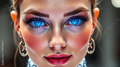 A bright blue hue radiates from a pair of sparkling eyes, fringed with thick lashes, set against a photo