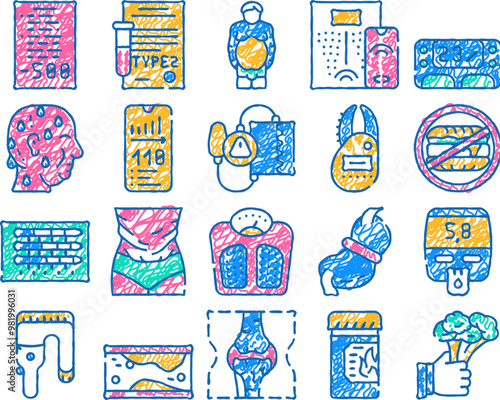 cholesterol overweight doodle icons set vector. sketch line art cholesterol overweight people and diabetes disease, food diary and smart scales color illustrations