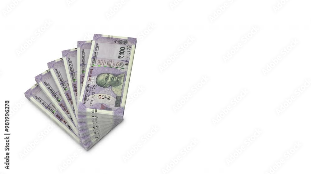 3d Animation showing six bundle of 100 rupee ,concept of money compounding growing and multiplying after investing isolated on clean white background 3d Animation showing six bundle of 100 rupee ,concept of money compounding growing and multiplying after investing isolated on clean white background