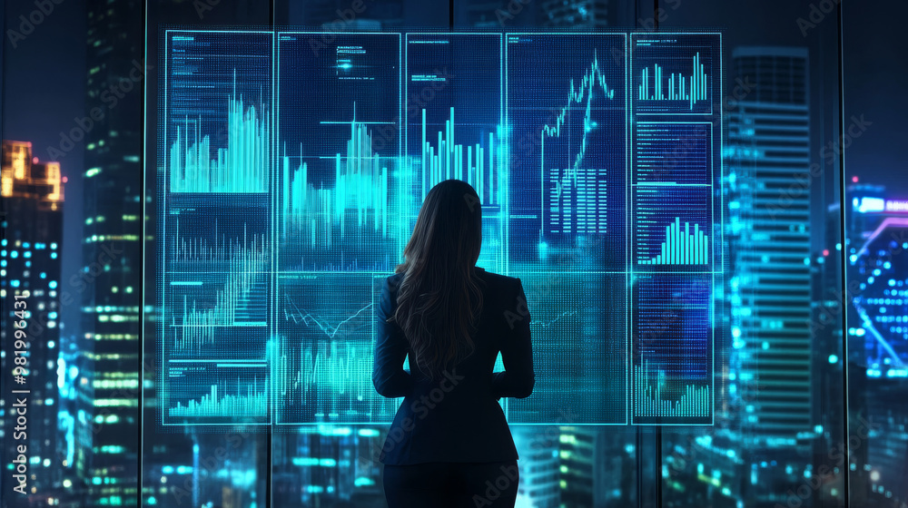 In a sleek conference room, confident businesswoman stands poised at the front, delivering a compelling presentation. Behind her, large windows flood the space with natural light, while digital chart. In a sleek conference room, confident businesswoman stands poised at the front, delivering a compelling presentation. Behind her, large windows flood the space with natural light, while digital chart.