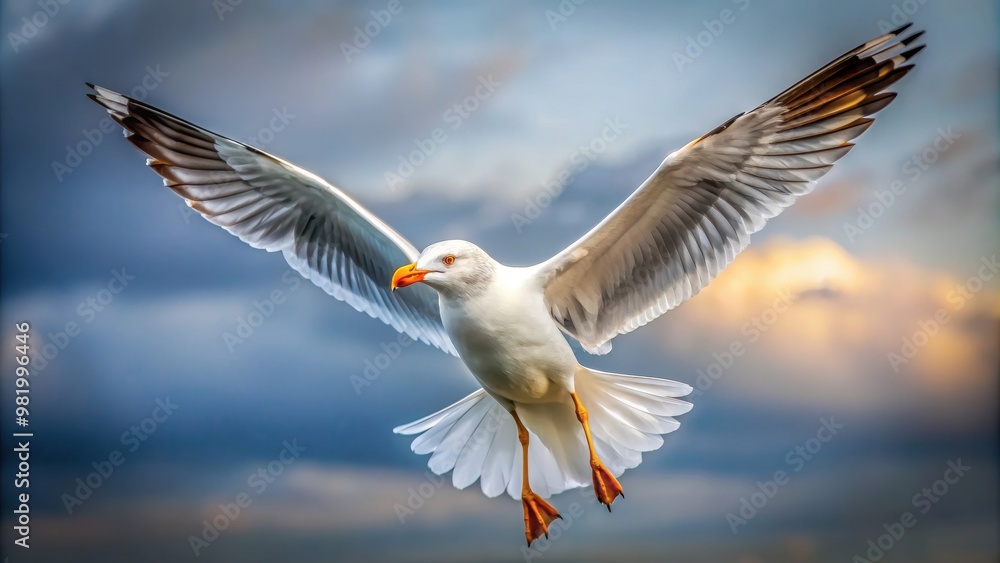 Obraz premium Seagull with open wings floating on background, seagull, bird, wings, flying, animal, nature, wildlife,isolated, clear sky