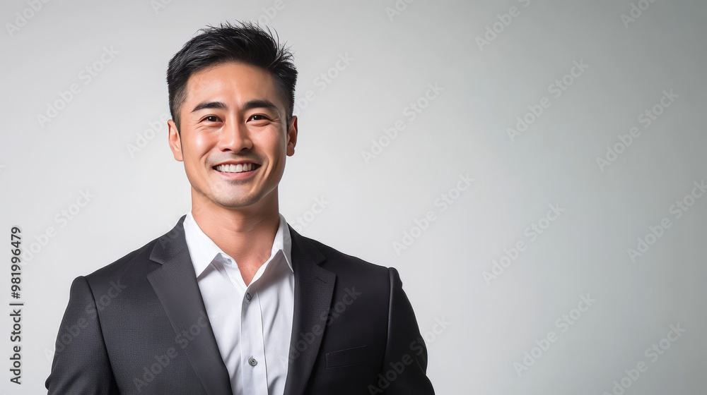 A smiling Asian businessman poses in a studio, showcasing a stylish portrait ideal for corporate branding or CEO fashion. His expression radiates confidence and pride, set against a clean. A smiling Asian businessman poses in a studio, showcasing a stylish portrait ideal for corporate branding or CEO fashion. His expression radiates confidence and pride, set against a clean.