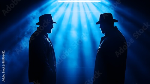 Detective questioning suspect in a dim, cold room, single light casting shadows, tense atmosphere, dramatic cinematic lighting, realism, detailed textures, muted colors, Film Noir style