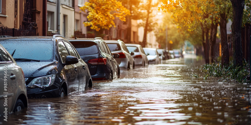 Flooded street, cars submerged in water after heavy rain, generative AI Flooded street, cars submerged in water after heavy rain, generative AI
