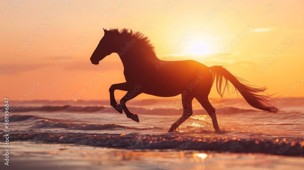 Horse galloping on a beach at sunset, ocean waves nearby. Horse galloping on a beach at sunset, ocean waves nearby.