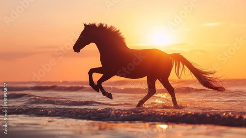 Horse galloping on a beach at sunset, ocean waves nearby.