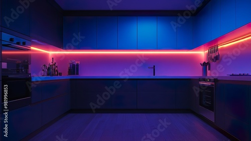 Futuristic Kitchen with Vibrant Neon Lighting Under Cabinets and High Tech Gear