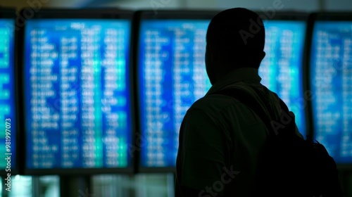 Silhouette of a person in front of airport flight information board.