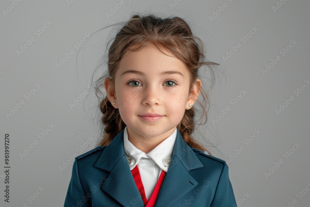 young caucasian girl with neatly styled hair and bright color eyes poses confidently in her school uniform. Her soft smile and tidy appearance make her look both adorable and mature. young caucasian girl with neatly styled hair and bright color eyes poses confidently in her school uniform. Her soft smile and tidy appearance make her look both adorable and mature.