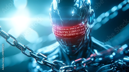 A futuristic AI robot surrounded by heavy chains of justice, with each link displaying an ancient legal codeThe chains constrict the robot, reflecting the weight of ethical obligations photo