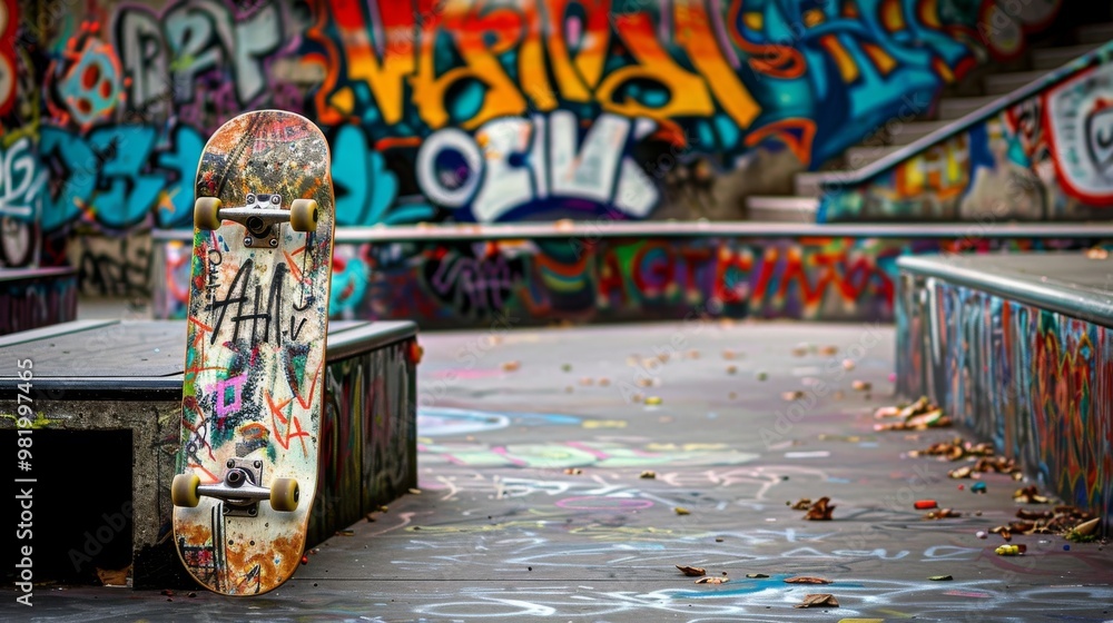 Fototapeta premium Skateboard Leaning Against Graffiti-Covered Wall in Urban Park