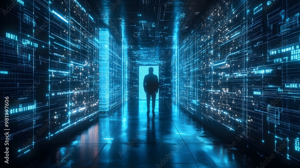 High-tech interrogation chamber, glowing blue neon lights cast sharp shadows, subject in dark silhouette, surrounded by holographic data streams, Futuristic, 3D rendering High-tech interrogation chamber, glowing blue neon lights cast sharp shadows, subject in dark silhouette, surrounded by holographic data streams, Futuristic, 3D rendering