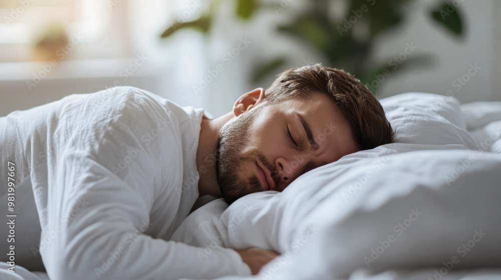 In a serene bedroom, a man peacefully sleeps on a comfortable pillow, embodying the essence of morning rest and wellness. The soft morning light gently filters through the curtains, casting a warm . In a serene bedroom, a man peacefully sleeps on a comfortable pillow, embodying the essence of morning rest and wellness. The soft morning light gently filters through the curtains, casting a warm .