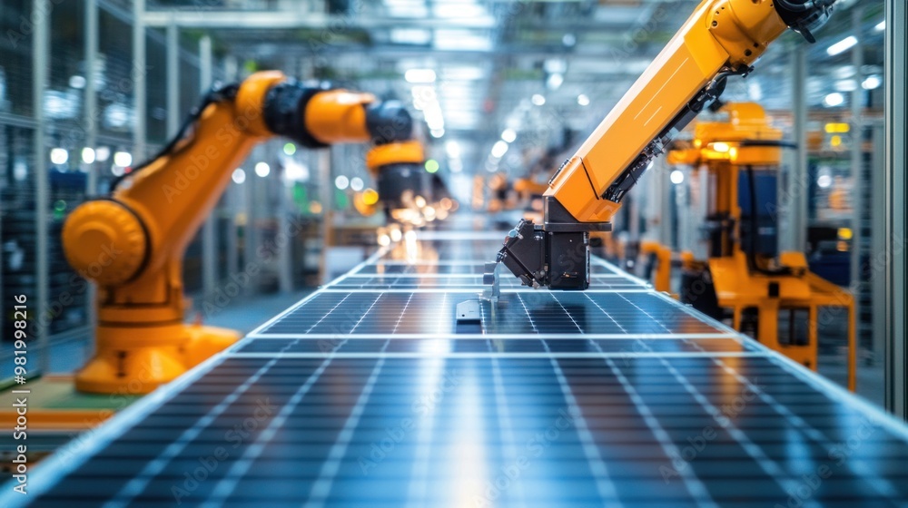 Naklejka premium Advanced machinery at a solar panel factory efficiently produces energy-saving panels, showcasing the future of renewable energy technology.