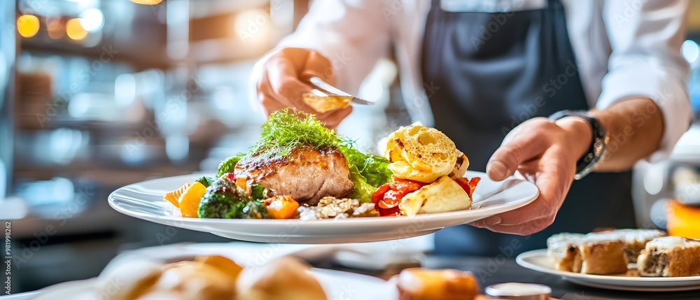 Chef Serving Grilled Salmon with Vegetables. Chef Serving Grilled Salmon with Vegetables.