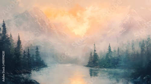 Misty Mountain Lake at Sunset with Pine Trees