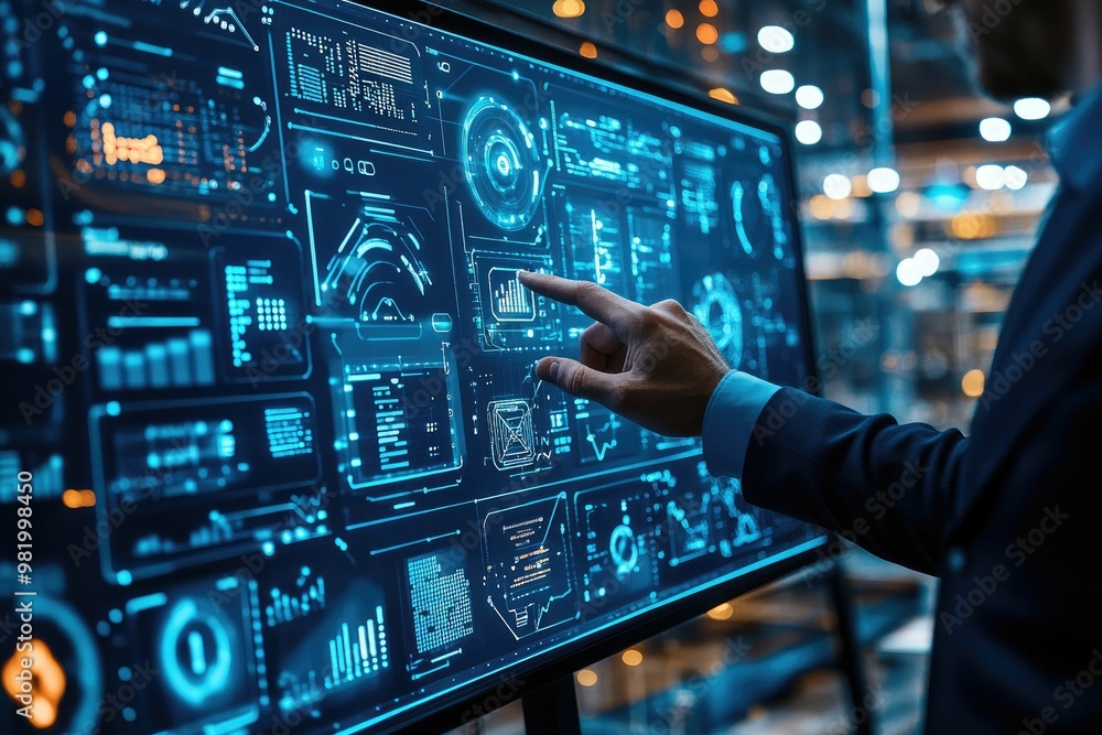 Businessman interacting with a digital data display. Businessman interacting with a digital data display.