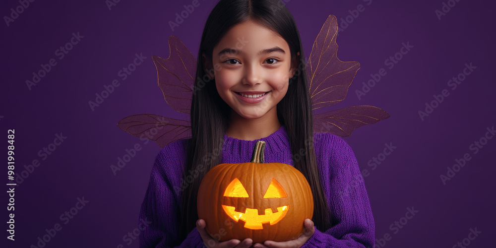Smiling Asian teen with glowing pumpkin on solid purple Halloween backdrop.
Smiling Asian teen with glowing pumpkin on solid purple Halloween backdrop.