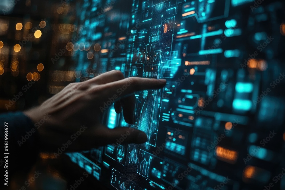 Hand interacting with a futuristic digital interface. Hand interacting with a futuristic digital interface.