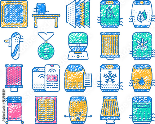 air filter accessory doodle icons set vector. sketch line art ventilation, purifier and humidifier air filter replacement, electronic device phone control color illustrations