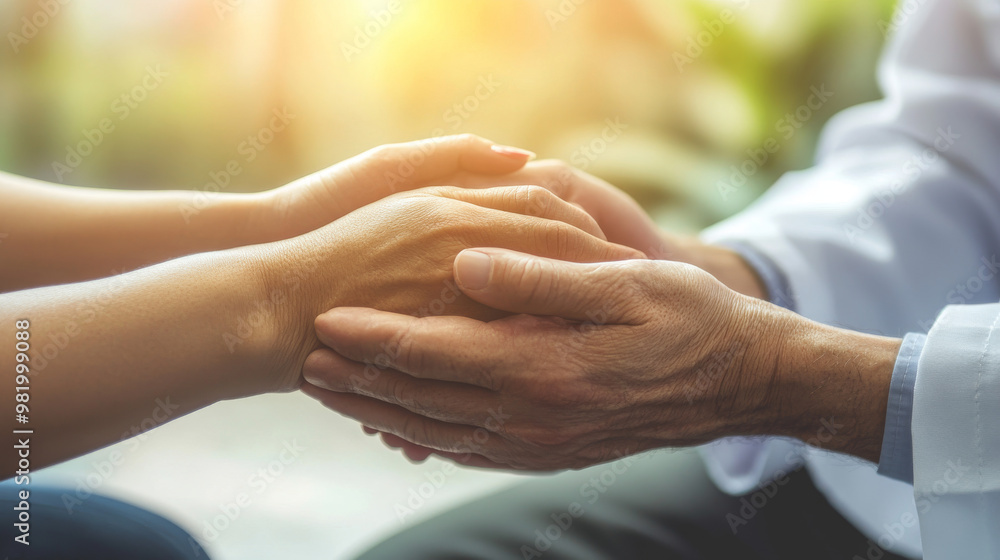 A close-up shot captures the hands of a doctor gently resting on a patient's hands, symbolizing trust and support during a healthcare consultation. The doctor's lab coat signifies professionalism. A close-up shot captures the hands of a doctor gently resting on a patient's hands, symbolizing trust and support during a healthcare consultation. The doctor's lab coat signifies professionalism.