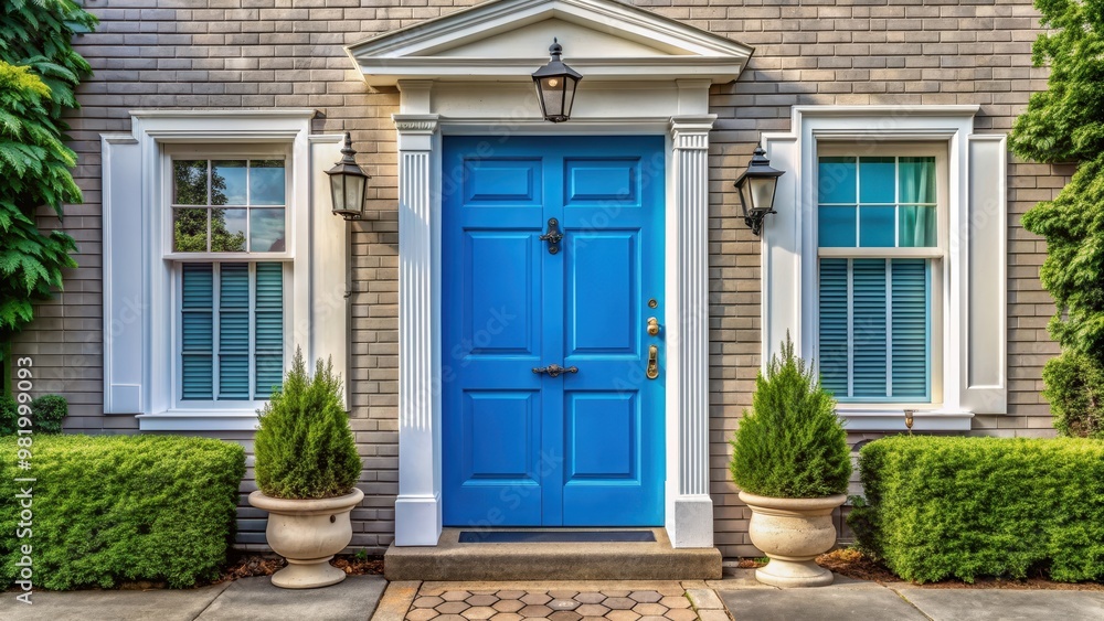 Naklejka premium Blue front door of traditional style home, Blue, front door, traditional, style, home, entrance, exterior, architecture