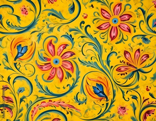 Norwegian Scandinavian rosemaling traditional handpainted folk art in bright yellow floral pattern