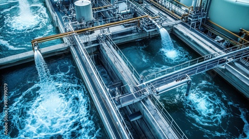 An automated reverse osmosis water treatment plant processes contaminated water, using energy-efficient techniques for industrial reuse.