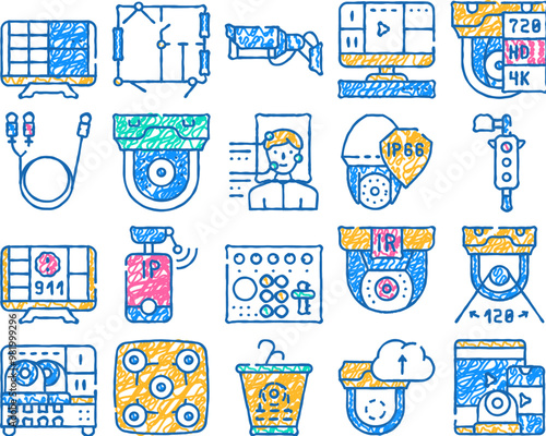 cctv camera security doodle icons set vector. sketch line art cctv camera and cable, computer monitor and face identification, video recorder and switcher color illustrations
