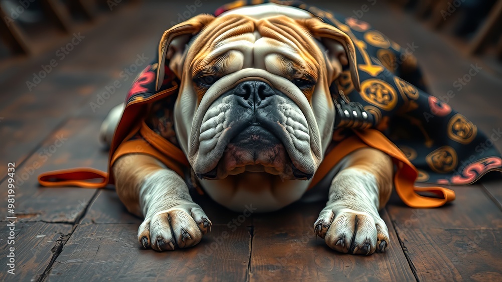 A determined-looking bulldog with a wrinkled face and rolled-up lips, relaxed on its back, paws splayed out to A determined-looking bulldog with a wrinkled face and rolled-up lips, relaxed on its back, paws splayed out to