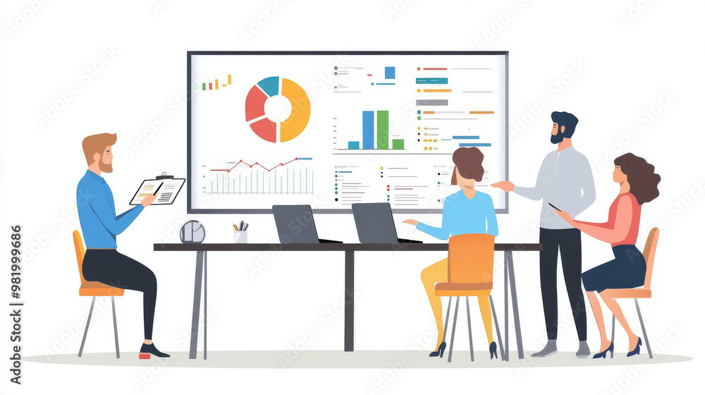 A presentation at a whiteboard during a team meeting, showcasing charts and sales projections for strategic planning. The manager communicates analysis and strategy to financial advisors, focusing. A presentation at a whiteboard during a team meeting, showcasing charts and sales projections for strategic planning. The manager communicates analysis and strategy to financial advisors, focusing.