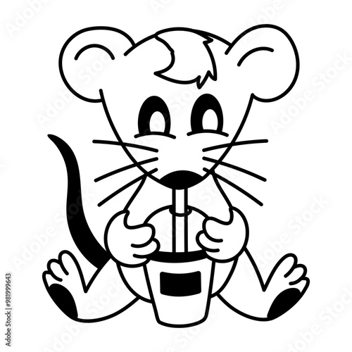 Doodle icon of mouse drinking with straw 