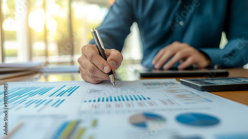 A presentation at a whiteboard during a team meeting, showcasing charts and sales projections for strategic planning. The manager communicates analysis and strategy to financial advisors, focusing.