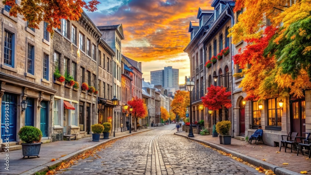 Old Montreal streets in fall, featuring colorful foliage, historic architecture, cobblestone roads Old Montreal streets in fall, featuring colorful foliage, historic architecture, cobblestone roads