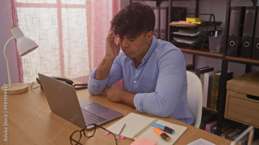 Hispanic man in office setting looking stressed while working on a laptop at a desk with office supplies and shelves in the background. Hispanic man in office setting looking stressed while working on a laptop at a desk with office supplies and shelves in the background.