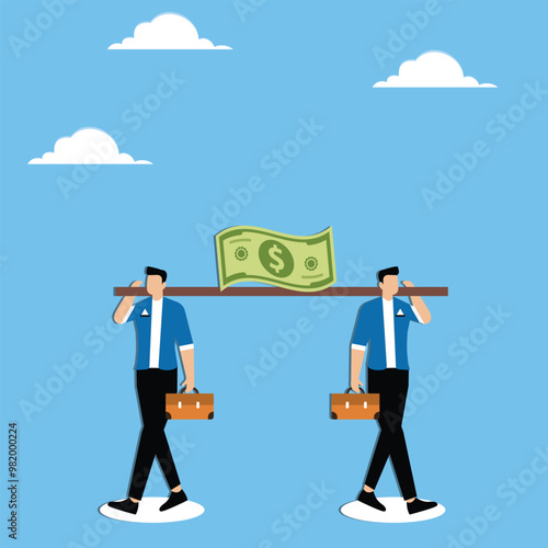 Conflict of co-investors or stakeholders, opposite opinions in investment team, financial problem concept, Businessman and teammate holding same banknote and walking in opposite direction