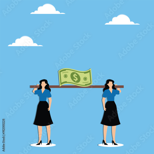 Conflict of co-investors or stakeholders, opposite opinions in investment team, financial problem concept, Businesswoman and teammate holding same banknote and walking in opposite direction