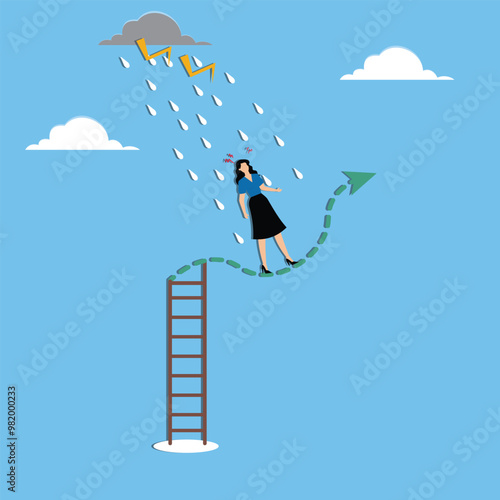 Wrong speculation in stock market, financial loss from incorrect forecasting, investment volatility concept, Businesswoman getting wet in rain while standing on stock graph without umbrella